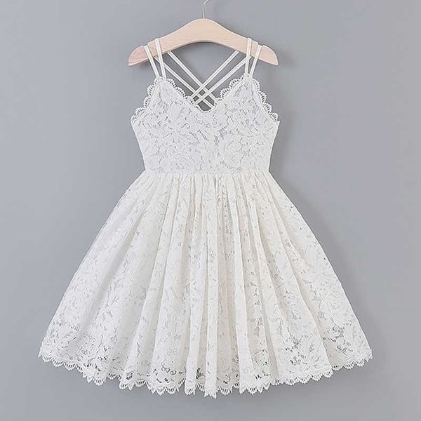Kız Elbiseleri Yeni Bebek Kız Beyaz Pembe Dantel Elbise Çocuklar Düz Renk Tığ işi Spagetti Kayışı Vneck Sırtsız Bağlı Dişli Düğün Elbise Z0223