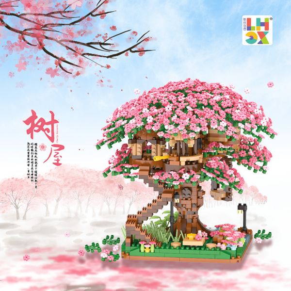 Blocchi 3D Mirco Sakura Flower Treehouse Building Block Creativo Street View Cherry Blossom Decor Mattoni fai da te San Valentino Giocattoli Regali 230222