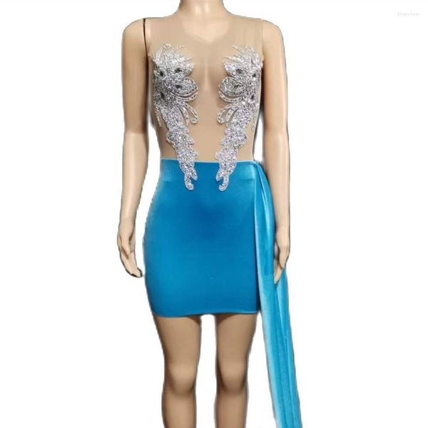 Abbigliamento da palco Nudo senza maniche con paillettes brillanti Appliques da donna Abito blu con cerniera Sera Festa di compleanno Club Festival Costume elegante