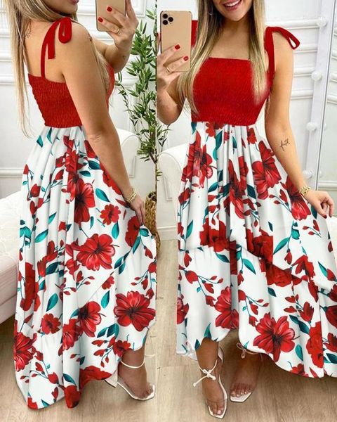 Vestidos casuais Verão Vestido maxi de estampa floral sexy de pulseira sexy para mulheres 2023 elegante envoltório de peito longa férias de praia