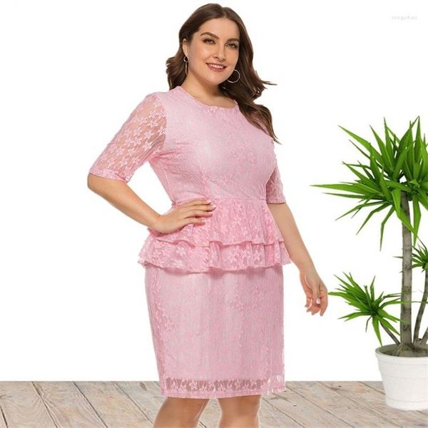 Sıradan elbiseler artı beden kadınlar seksi dantel panel peplum vintage yarım kollu siyah parti kadın bodycon ofis vestidos 5xl