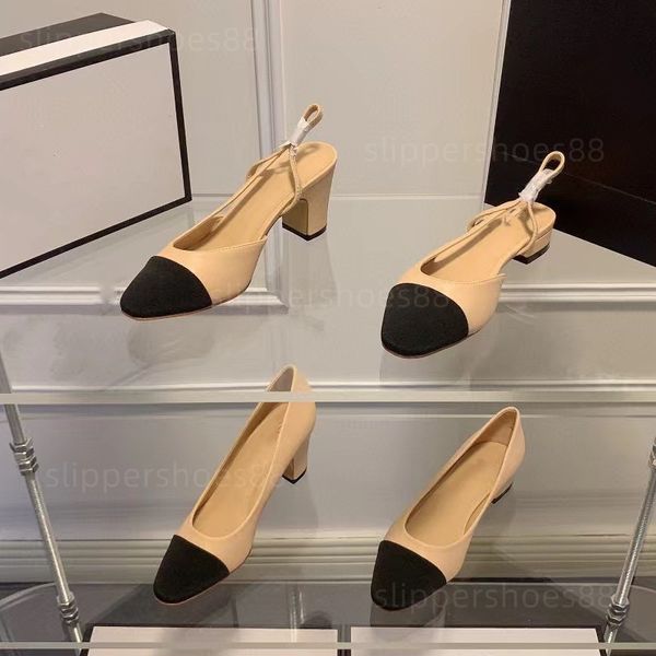 Slingback pompalar topuk kap ayak parmak ayakkabıları balerin sandaletler ünlü tasarımcı kadın blok tıknaz topuk inci somunlar slingbacks rahat bale daireler bej siyah ayakkabı