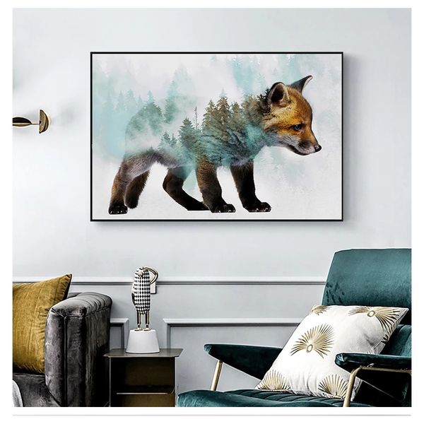 Nordic Poster Und Drucke Wand Kunst Leinwand Malerei Abstrakte Tier Wand Bilder Für Kinderzimmer Landschaft Wald Bär Fuchs Wolf woo