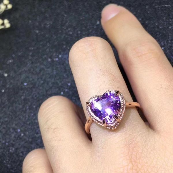 Cluster-Ringe, natürlicher echter Amethyst-Ring, Liebesherz, 925er Sterlingsilber, 10–10 mm, Edelstein für Männer oder Frauen, edler Schmuck