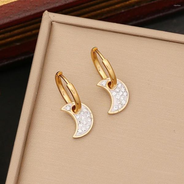 Orecchini pendenti 2023 Orecchino di cristallo in acciaio inossidabile color oro di lusso da donna Moon Star Heart Ball Drop Earing Party Wedding Girls Cute