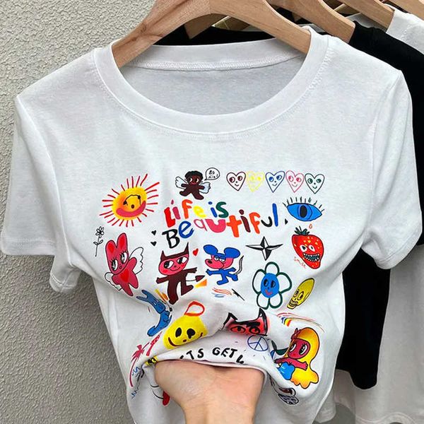 Damen T-Shirt Y2K Lustige Cartoon Graffiti Grafik T-Shirts Crop Tops Reine Baumwolle Basic Sommer Groß 2XL Skinny Slim Sexy Lady Koreanische Streetwear L230223