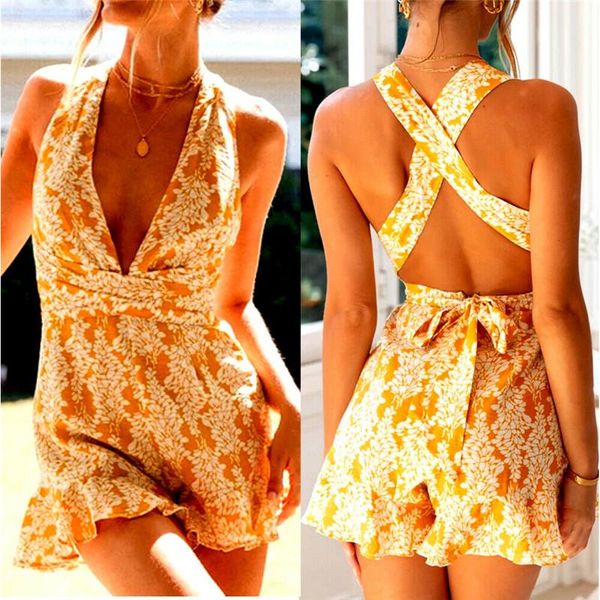 Женские комбинезоны Boho Floral Romper в целом наряды женские безручки повязка открытая спина тонкие комбинезоны Summer Deep V Neck Rufffle