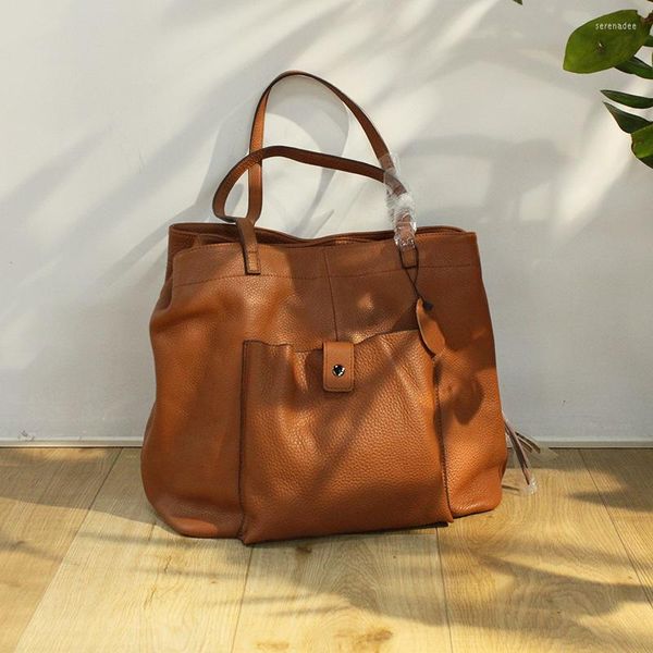 Abendtaschen Frau Handtasche Große Kapazität Echtes Leder Tasche Casual Totes Dreischichtiges Großes Taschendesign Einfarbig Schulter Für Frauen