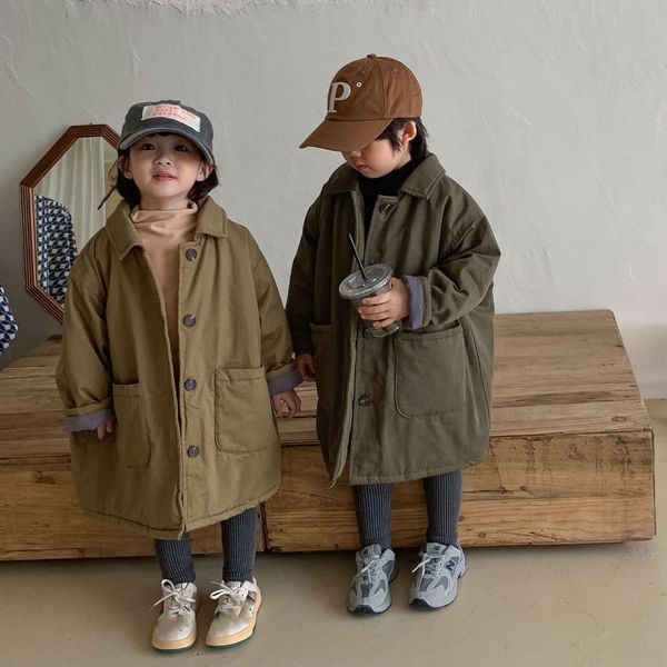 Jackets estilo coreano Inverno Crianças longas Algodão acolchoado Casacos quentes espetam cores sólidas Parkas unissex Kids Casual Outerwear 230222