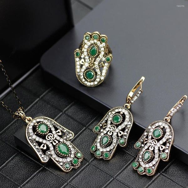 Halskette Ohrringe Set Neovisson Vintage Türkei Damen Lieblingsschmuck Retro Gold Farbe Ring Ohrring für Frauen Böhmen Kristall Geschenk