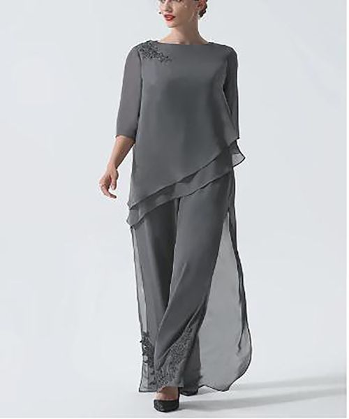 Elegante grigio madre della sposa pantaloni abiti chiffon pantaloni larghi mezze maniche gioiello collo abiti da festa di nozze elegante sposo mamma abiti da cerimonia su misura