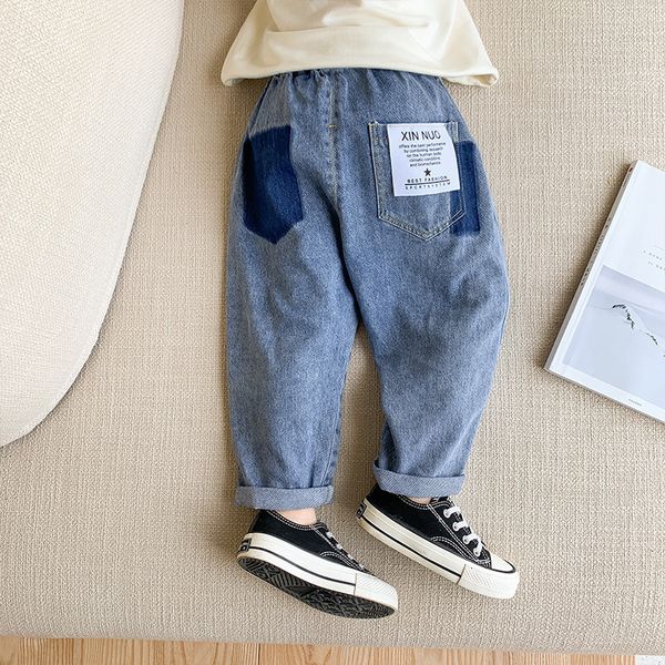 Calça jeans calça de calça elástica cintura média de comprimento longo sólido algodão solto moda casual primavera de outono crianças crianças 230223