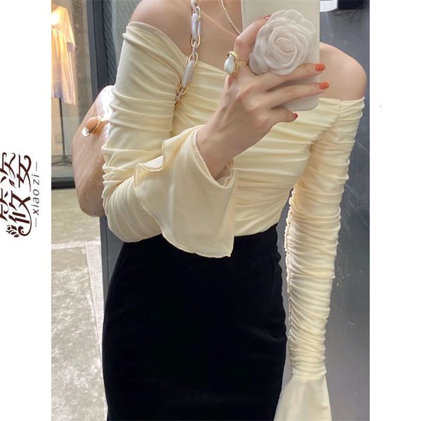 Damenblusen, Hemden, Shinozi, koreanische Version des französischen Gentle Wind Double Mesh Yarn One Line Shoulder Fold Fairy Top Show Thin Short Style T-Shirt Fem 230223