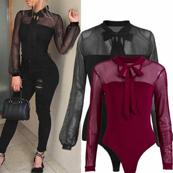 Tute da donna Pagliaccetti Colletto con fiocco da donna Elegante Body Camicie Top Tute trasparenti a maniche lunghe Tute Body Body Top Office