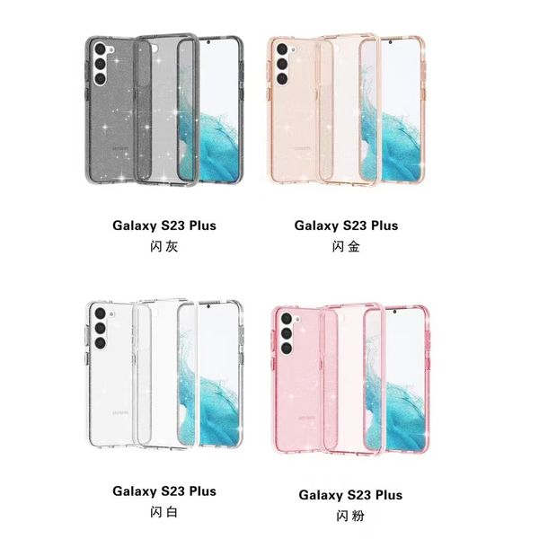 Luxuriöse Bling Glitter Sparkle Hartplastik-Handyhüllen für Samsung S24 Ultra S23 Plus Galaxy A14 5G, glänzend, modisch, PC, weiches TPU, transparente Kristall-Rückseite