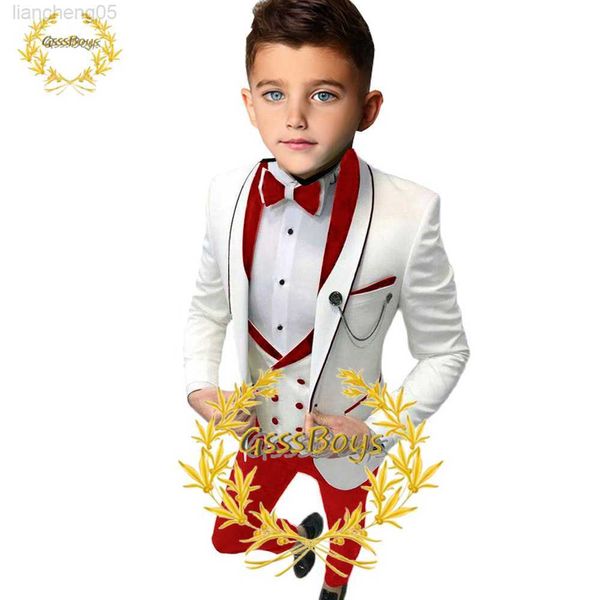 Conjuntos de roupas infantil terno de casamento smokingão de três peças colete de calças personalizado 3-16 roupas de meninos Blazer Conjunto de roupas completas vermelhas Conjuntos de Blazer W0224