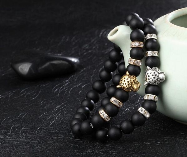 Charm-Armbänder Grind Arenaceous Black Lava Rock Hand String Of Beads Leopard Lion Crystal Set Auger Stretch-Armband