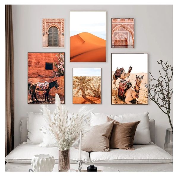 Reisedruck Marrakesch Poster Kamel Leinwanddruck Gemälde Wandbild Wohnzimmer marokkanisches Dekor Boho Landschaft Wandkunst Wüste Woo