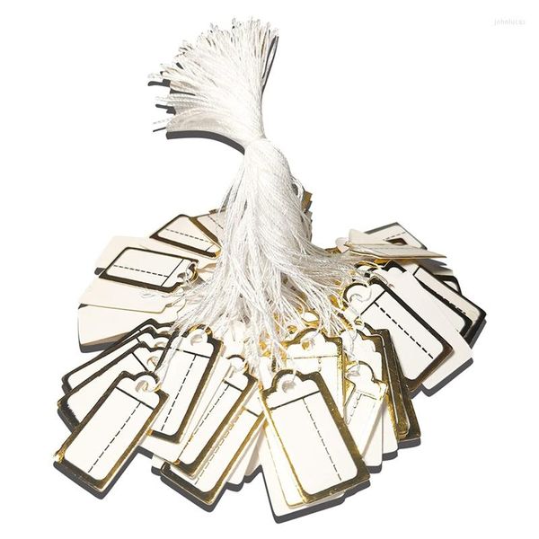 Etichette bianche per confezione regalo con cordino - 1000 pezzi di marcatura con etichette di prezzo scrivibili infilate per gioielli (bordo dorato)