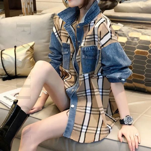 Damenjacken Denim Stitching Plaid Shirt Ladies European Good Frühling Herbst Koreanische Version Vielseitiges Design Nische Langarmes Hemd 230223