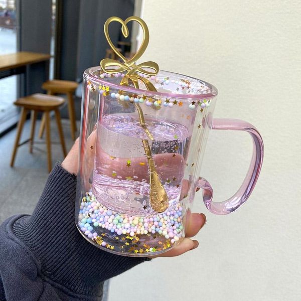 Tazze Ins Ragazza coreana Cuore Kawaii Bubble Star Sky Tazza con paillettes Tazza da caffè in vetro a doppia parete con manico resistente al calore