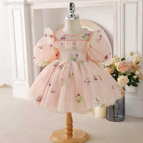 Abiti da ragazza Baby Spanish Lolita Princess Ball Gown Paillettes Cuciture a rete Compleanno Battesimo Matrimonio Eid Abiti da ballo per ragazze A2422 W0224