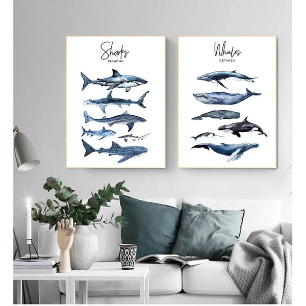 Dipinti murali educativi Nordic Kid Baby Bedroom Decor Nautica Mare Nursery Pittura Squalo balena Poster su tela Stampa artistica animale Woo