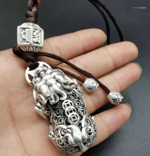 Catene Collana con ciondolo truppe coraggiose con moneta d'argento tibetana antica1