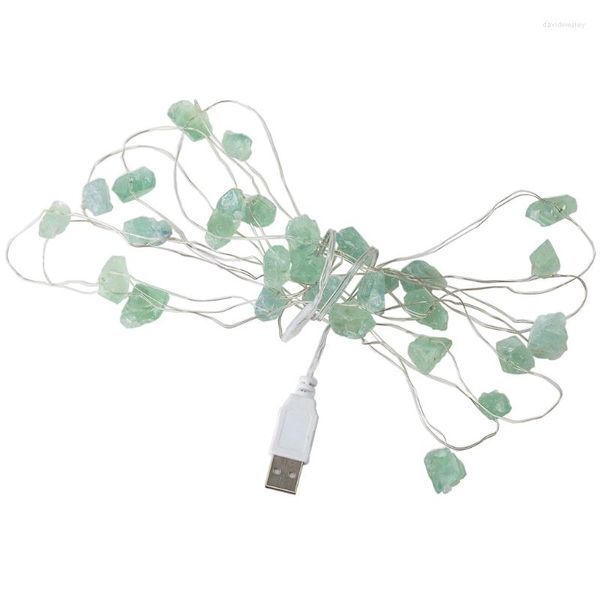 Stringhe di lucine di fluorite verde naturale Stringhe di cristallo per pietre RAW 3M 30LED Ornamenti Reiki curativi alimentati tramite USB
