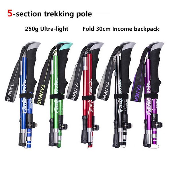 Pólos de trekking 5 Seção de dobras ao ar livre Trekking Camping Camping Portable Walking Stick Stick para idosos nórdicos Clube telescópico fácil de colocar em bolsa J230224