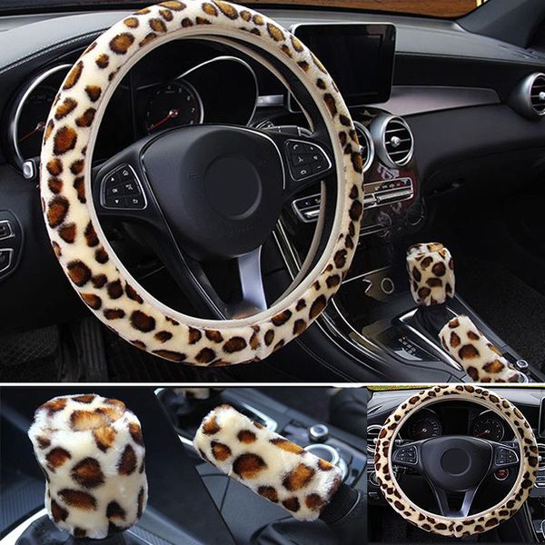 Coprivolanti 3Pcs Copriauto Freno a mano Set cambio Cambio leopardo antiscivolo Accessori Syling universaliSterzo