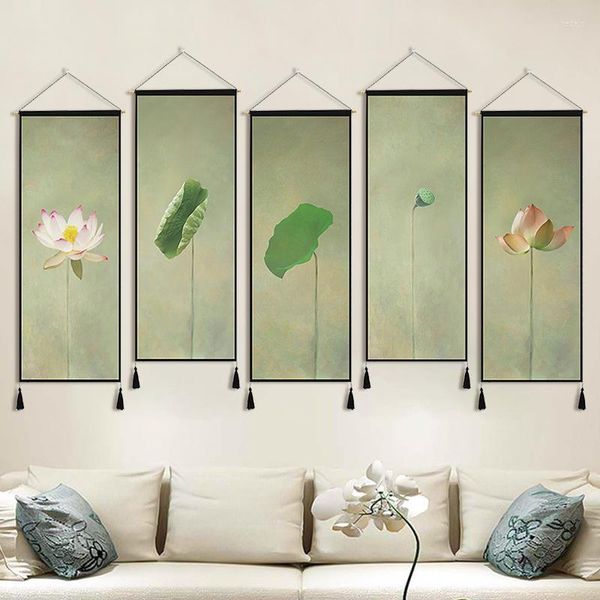 Wandteppiche Chinesischer Stil Teehaus Hintergrund Wand Dekorative Malerei Wohnzimmer Studie Lotus Zen Gedruckt Hängende Tuch Tapisserie ZC54