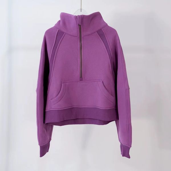 Designer Yoga Hoodie feminino mais veludo lavanda impressão de impressão espessante esportes khaki cinza meio zíper terry suéter solto roupas curtas séries de moletom s-xl