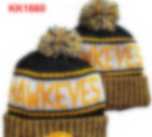 Erkek Kapaklar NCAA şapkaları 32 takımın tamamı Iowa örgü kelepçeli pom beanies hawkeye çizgili yan çizgili yün sıcak ABD kolej spor şapka hokey beanie kapağı kadınlar için