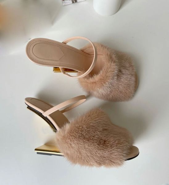 Marca de luxo primeiro sandálias femininas tira de pele de penhas de cor dourada de salto esculpido em forma de fosco de ladata lady mules sexy peep toe chinelos eu35-43