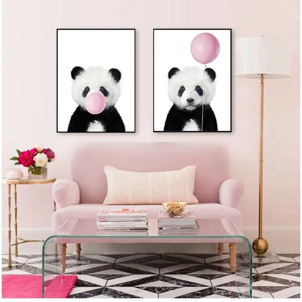 Süßes rosa Ballon-Babyparty-Geschenk, Leinwandgemälde, Baby-Panda-Druck, Tier mit Kaugummi, Poster, Kinderzimmer, Wandkunst, Bild, Dekor, Woo