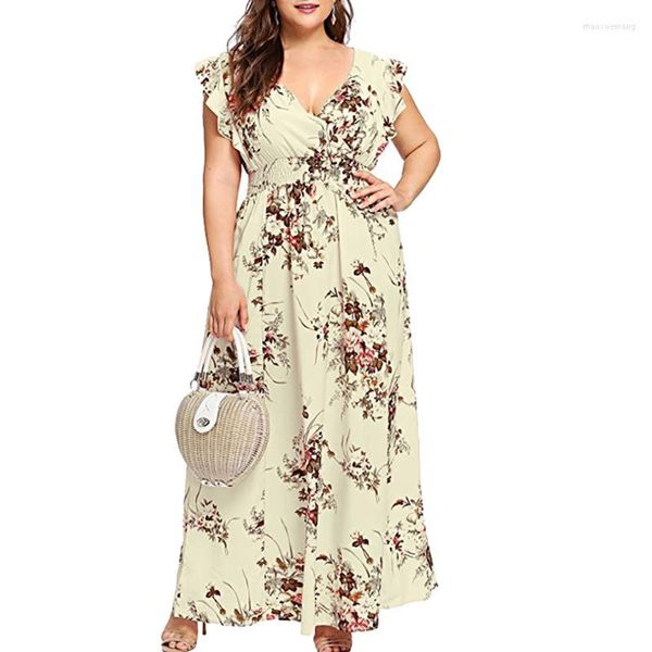 Casual Kleider Frauen Sommer 2023 Plus Größe Sexy V-ausschnitt Blumen Druck Boho Strand Lange Chiffon Kleid Ärmelloses Sommerkleid weibliche Vestidos