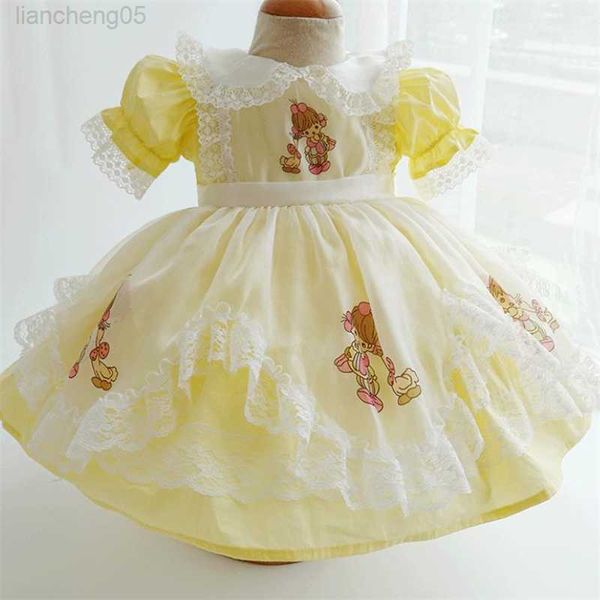 Vestidos de menina roupas novas roupas de renda amarela costura de garotas de garotas desenho animado de renda infantil vestido de princesa w0224