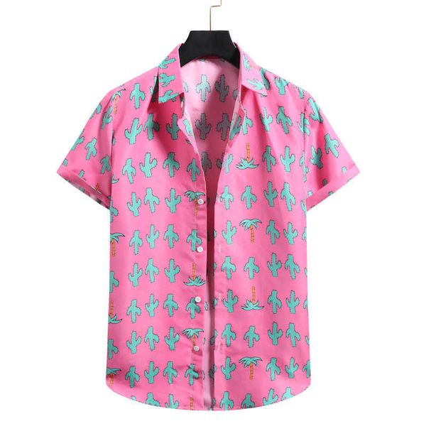 Camisas casuais masculinas Flor rosa camisa havaiana Chemise Homme 2022 Verão Novo manga curta praia Aloha camisa masculina Button Casual Camisa masculina XXL Z0224