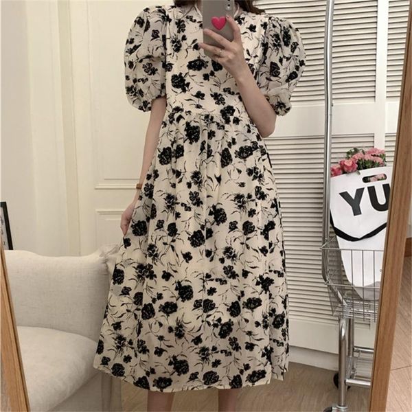 Abiti da festa HziriP Florals Maxi abito da donna Gentle Vintage stampato sottile manica corta a sbuffo 2023 Chic All Match High Street Sweet Summer OLP