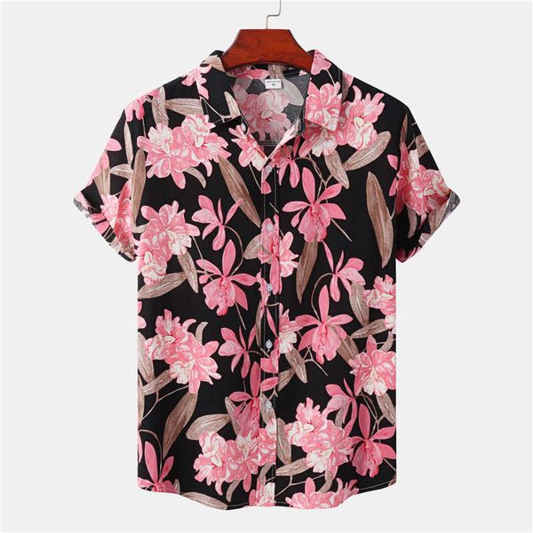 Camicie casual da uomo Camicia Aloha da spiaggia con stampa floreale rosa nera Camisa Masculina da uomo 2022 Camicia hawaiana casual a maniche corte estiva Abito da festa da uomo Z0224