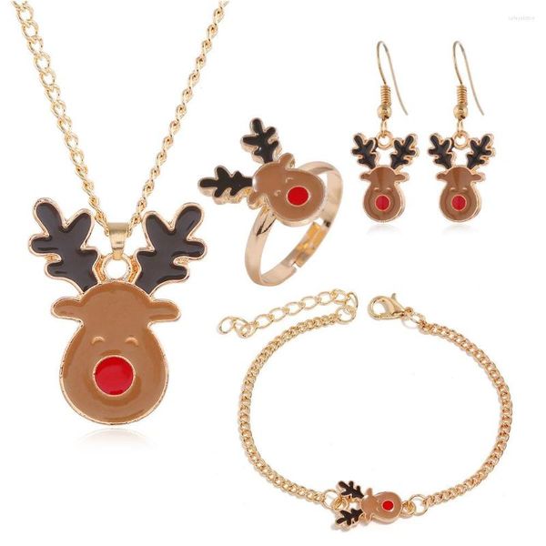 Collane con ciondolo Ornamenti natalizi Set di gioielli Moda Olio gocciolante Alce Collana Orecchino Anello Bracciale Adorabile animale cervo