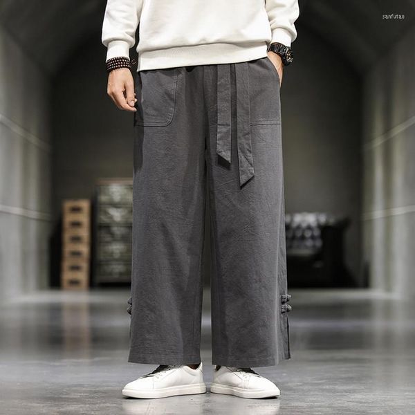 Pantaloni da uomo Stile cinese Allentato Taglie forti Lino Dritto Casual Abbigliamento da uomo Pantaloni Tai Chi tradizionali Pantaloni sportivi a gamba larga