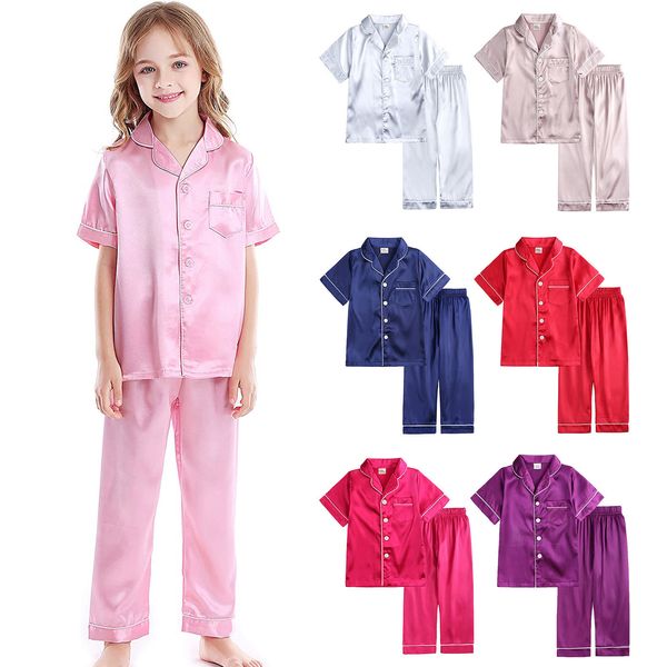 Pijama pequeno menino meninos conjuntos de cetim de seda mangas curtas roupas de dormir pjs 2 peças botão para baixo dormentes 230224