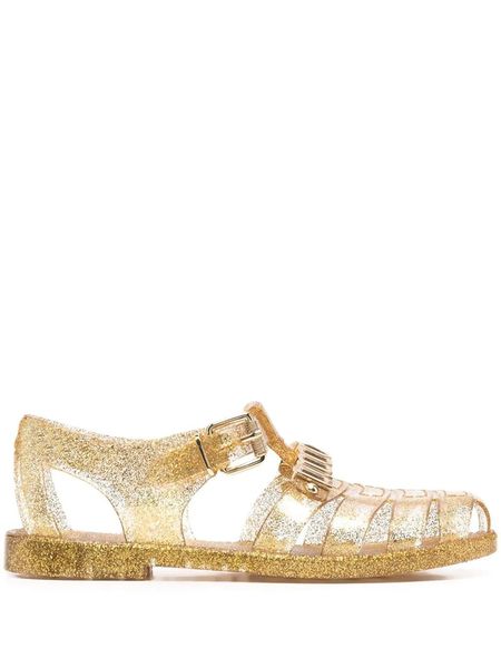 sandali in gelatina con dettagli glitterati moda uomo donna con placca logo color oro misura euro 35-45