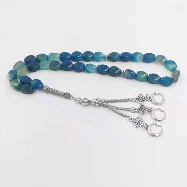 Strang Tasbih Natürlicher Blauer Achate Stein Islamischer Mann Misbaha Armband Rosenkranz Perle 2023 Arabischer Schmuck Muslimische Mode Geschenk Eid Adha