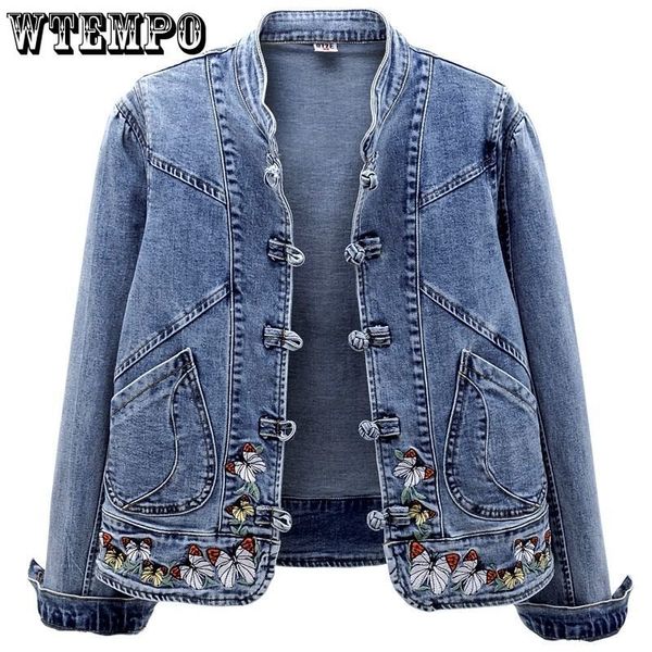 Jackets femininas jeans curto vintage chinoiserie bordou a primavera e o outono, todos combinam com a moda harajuku slim tops 230224