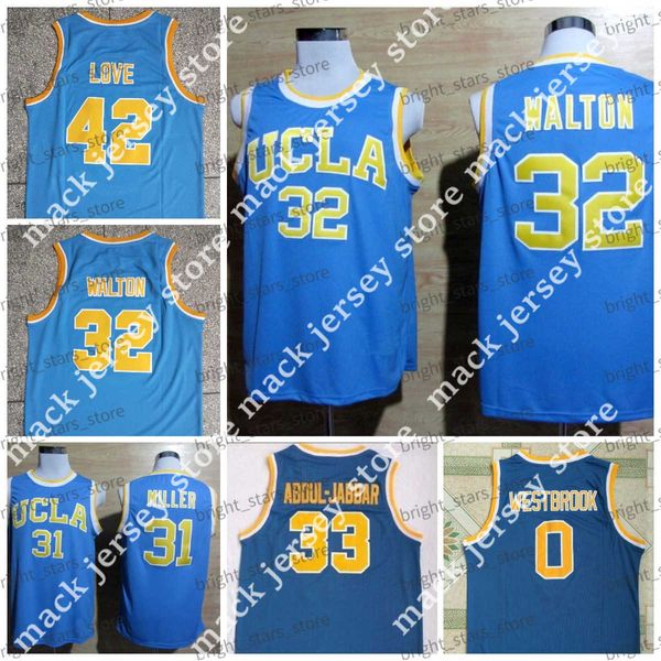 Maglia da basket NCAA 32 Bill Walton 42 Kevin Love 0 Russell Westbrook 33 Kareem Abdul Jabbar Reggie Miller 31 White Blue College UCLA