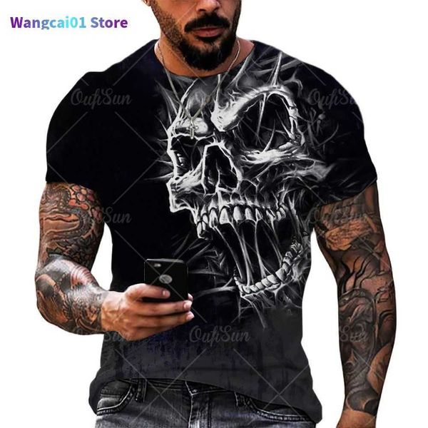 Wangcai01 Мужские футболки винтажные ужасные черепа 3D Print Мужская футболка летняя классическая повседневная o Sece Seve Fashion Fashion Loose Topise Tops Toe Shirt Men 0224H23