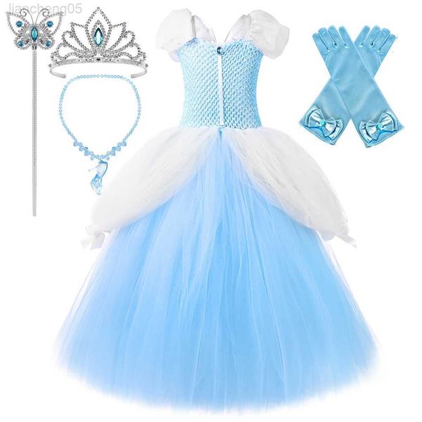 Vestidos de menina Cinderelle Long Tutu Dress for Girls Halloween Christmas Come Princess Ball vestido com manga de puff Kids Festy Dress Up Fort W0224